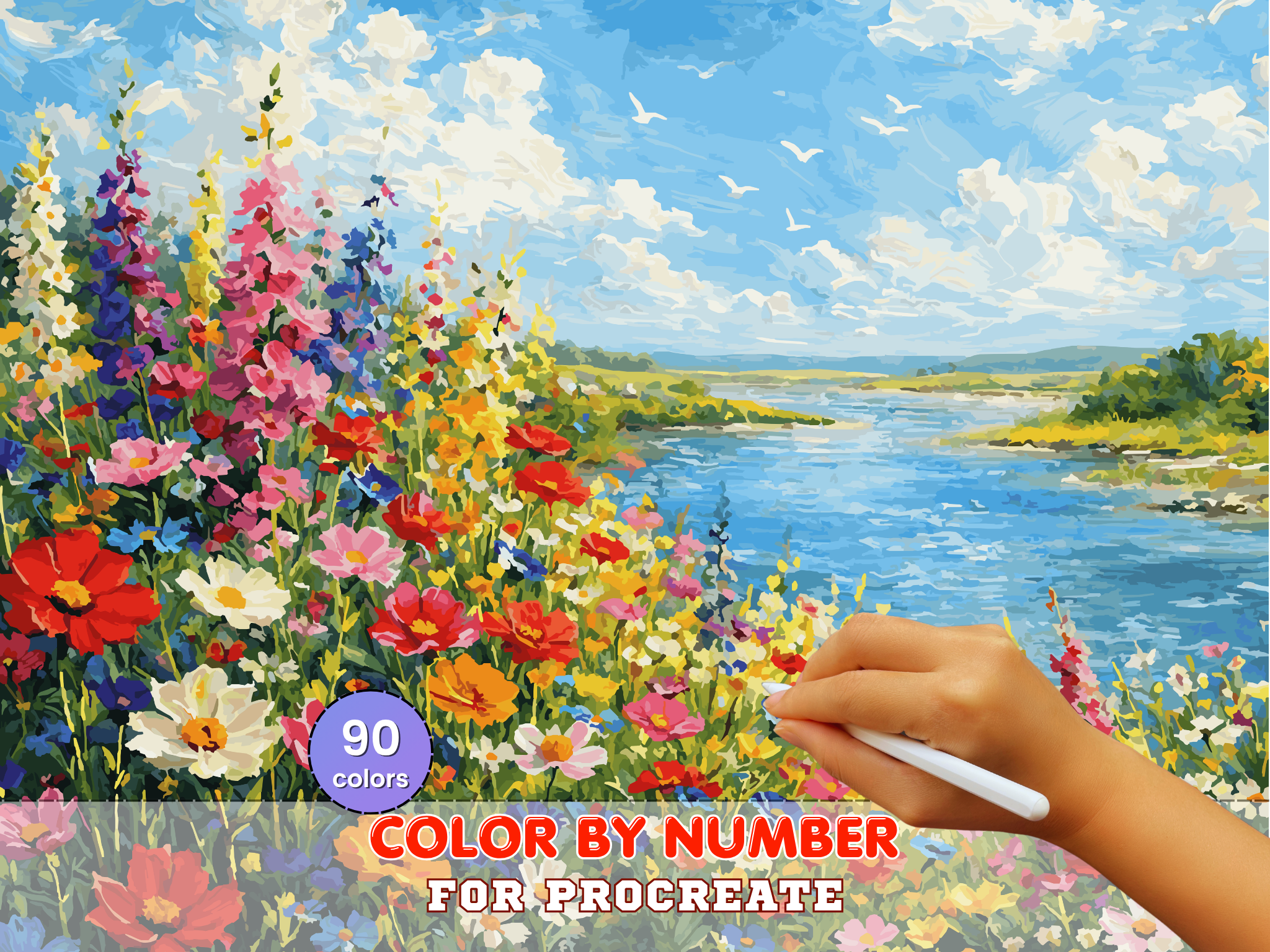 Peindre par Numéros avec Procreate – Champ de Fleurs Coloré, Paysage de Rivière (Téléchargement Numérique)