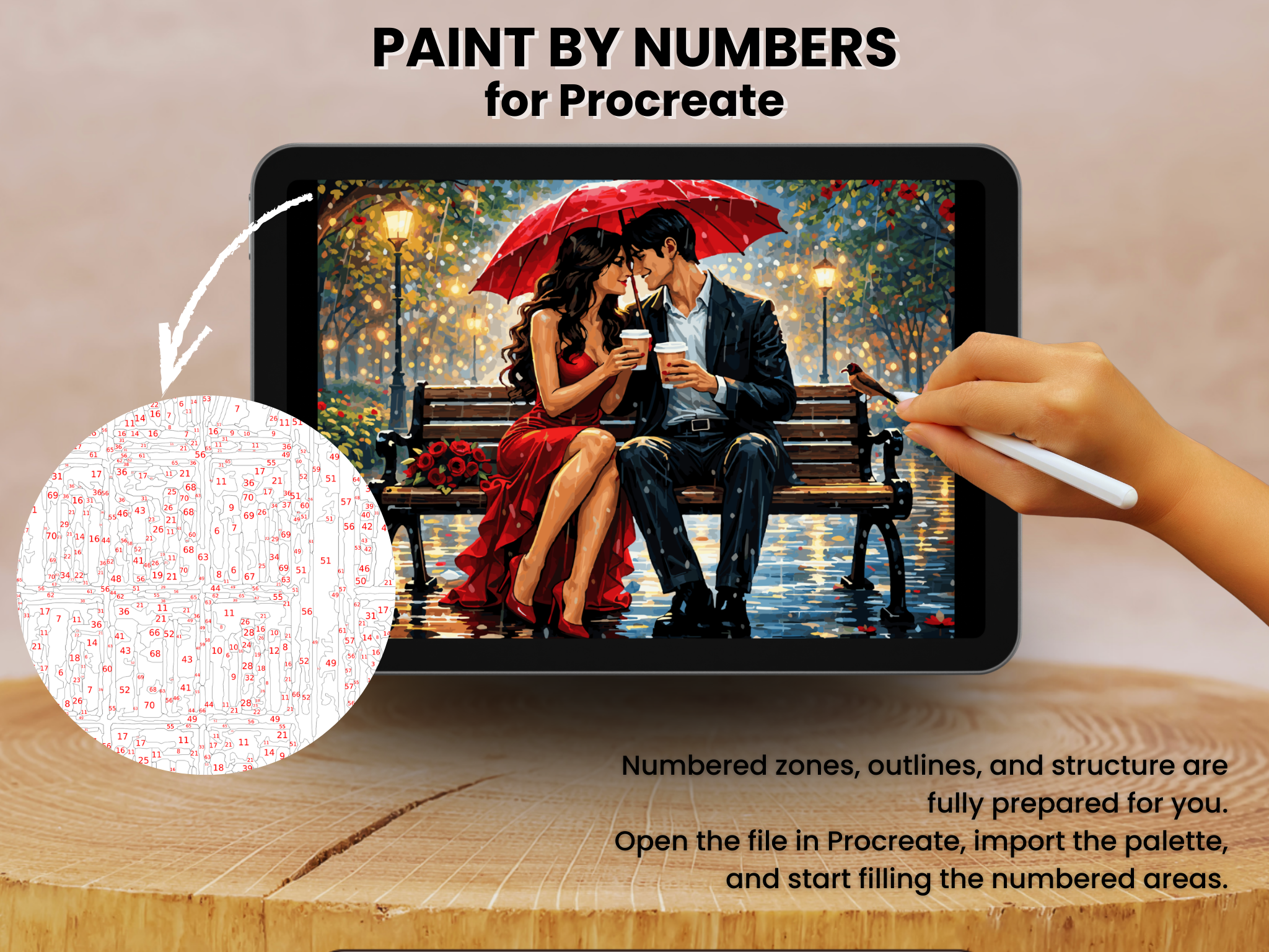 Romantic Couple Rain Paint by Number Procreate – Umbrella Night Scene (Digital Download)