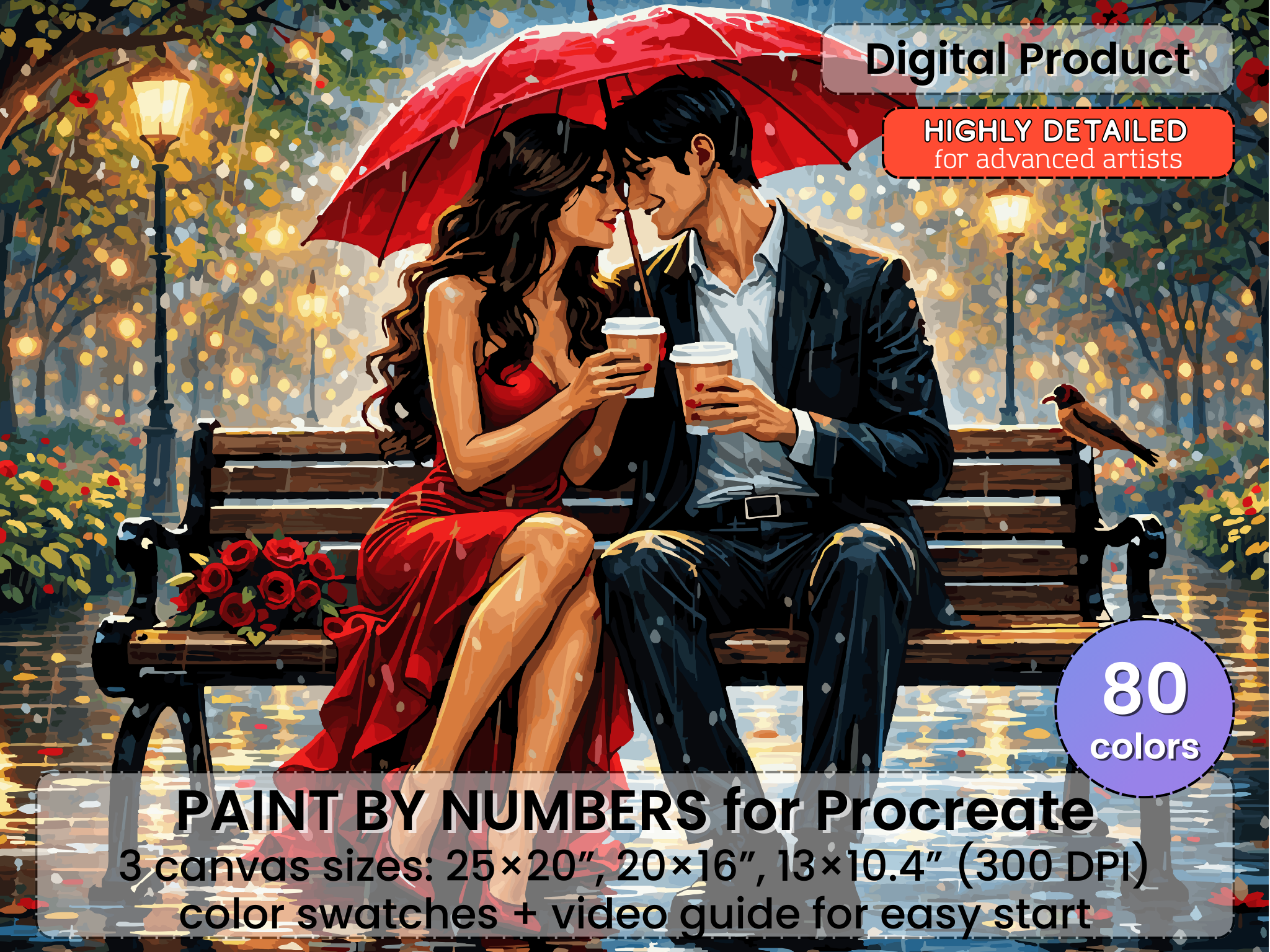 Romantic Couple Rain Paint by Number Procreate – Umbrella Night Scene (Digital Download)