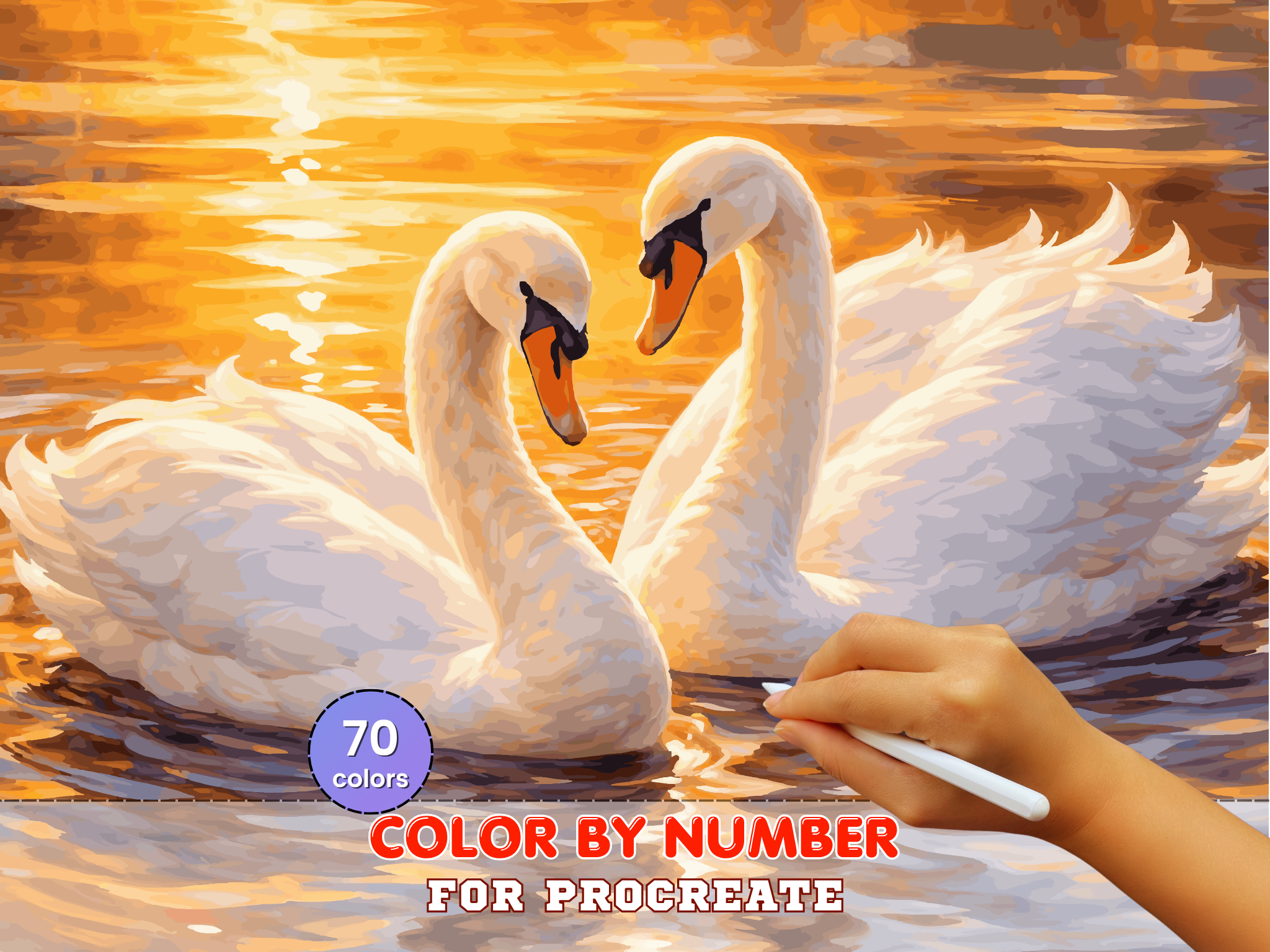 Romantic Swans Sunset Paint by Number Procreate – Golden Lake Scene (Digital Download)