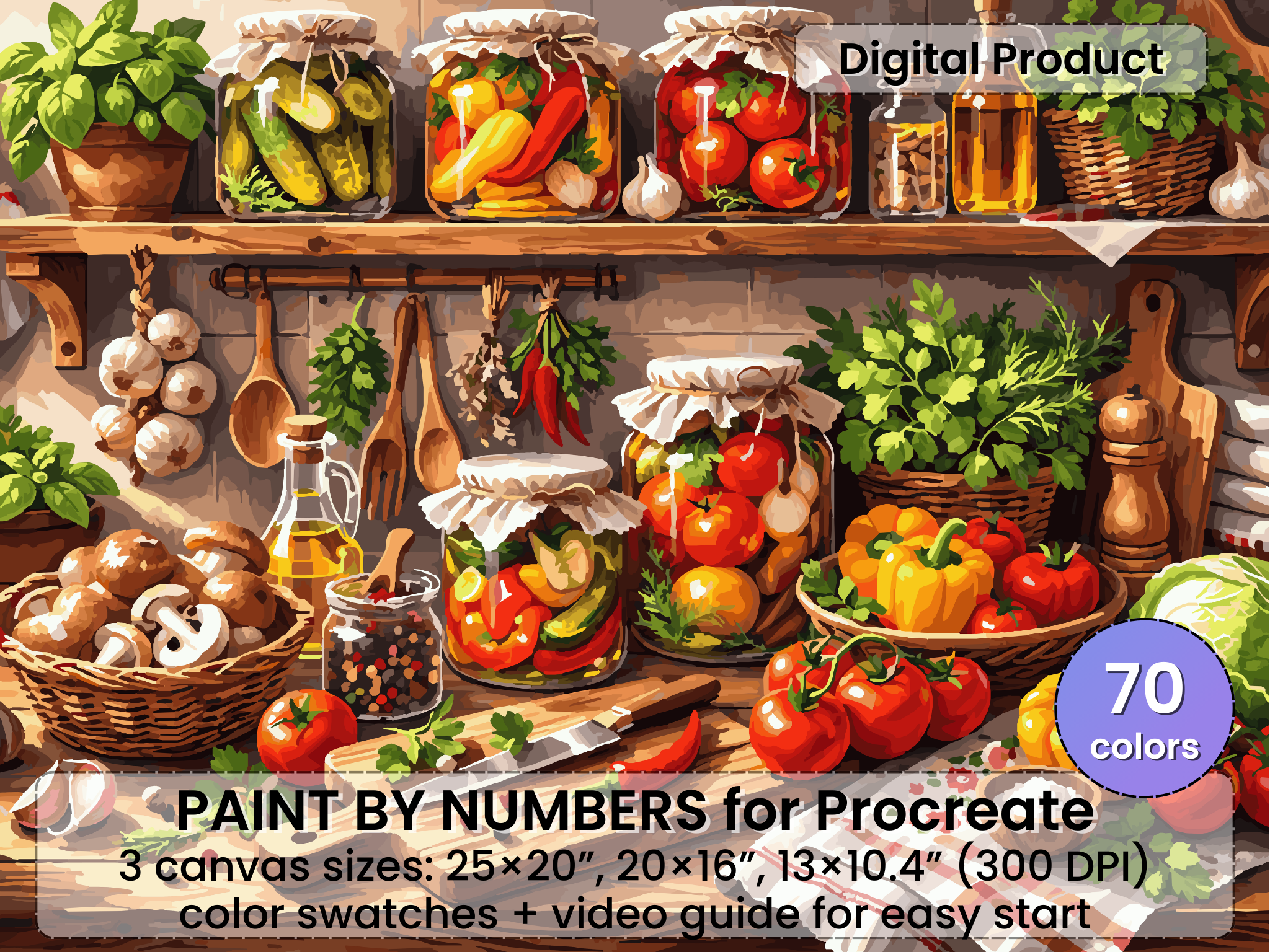 Rustic Kitchen Paint by Number for Procreate – Cozy Farmhouse Vegetables | Digital Download