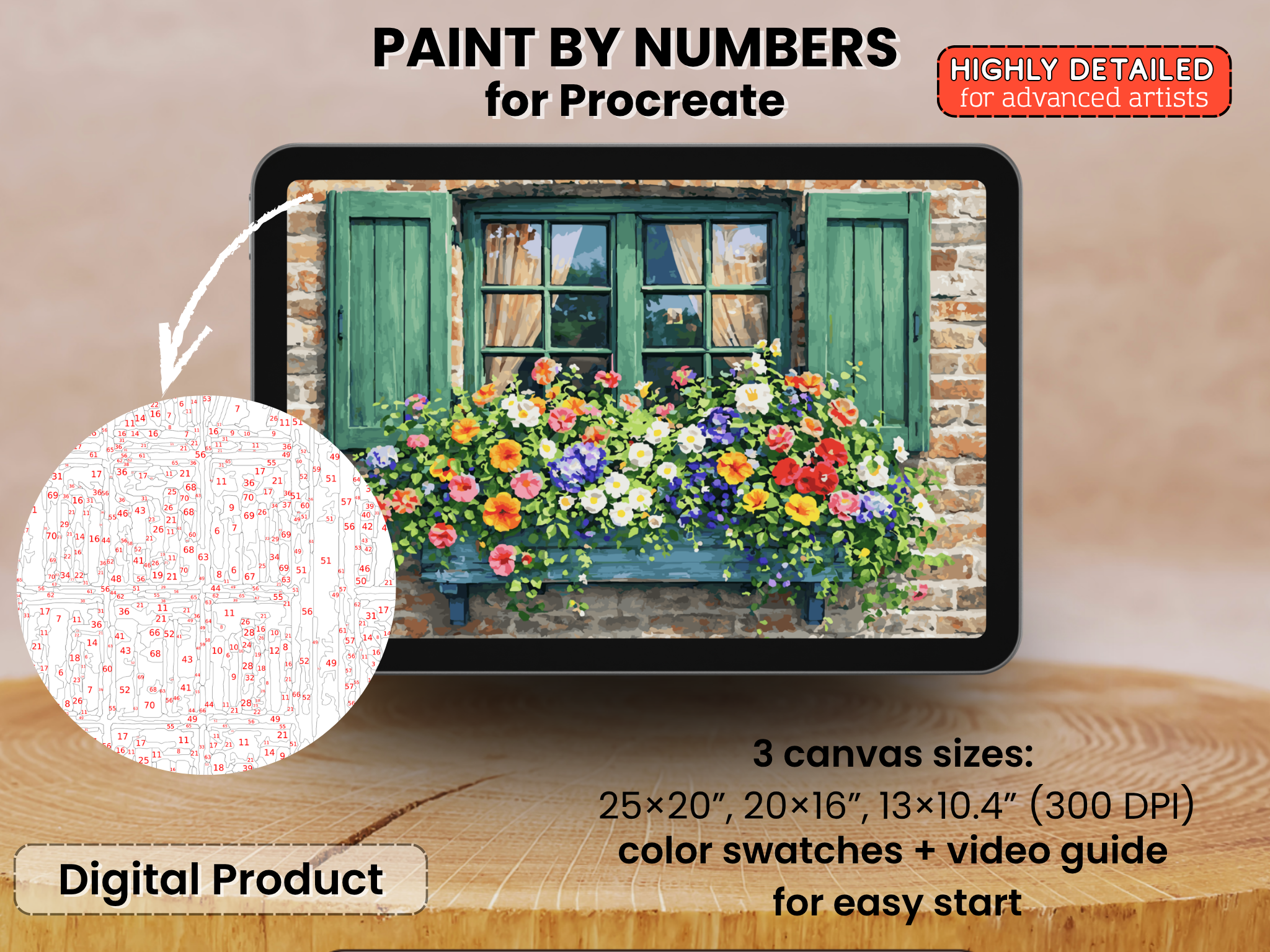 Rustikale Fensterblumen Malen nach Zahlen für Procreate – Charmante Cottage-Kunst | Digitaler Download