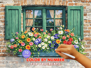 Rustic Window Flowers Paint by Number for Procreate – Charming Cottage Art | Digital Download