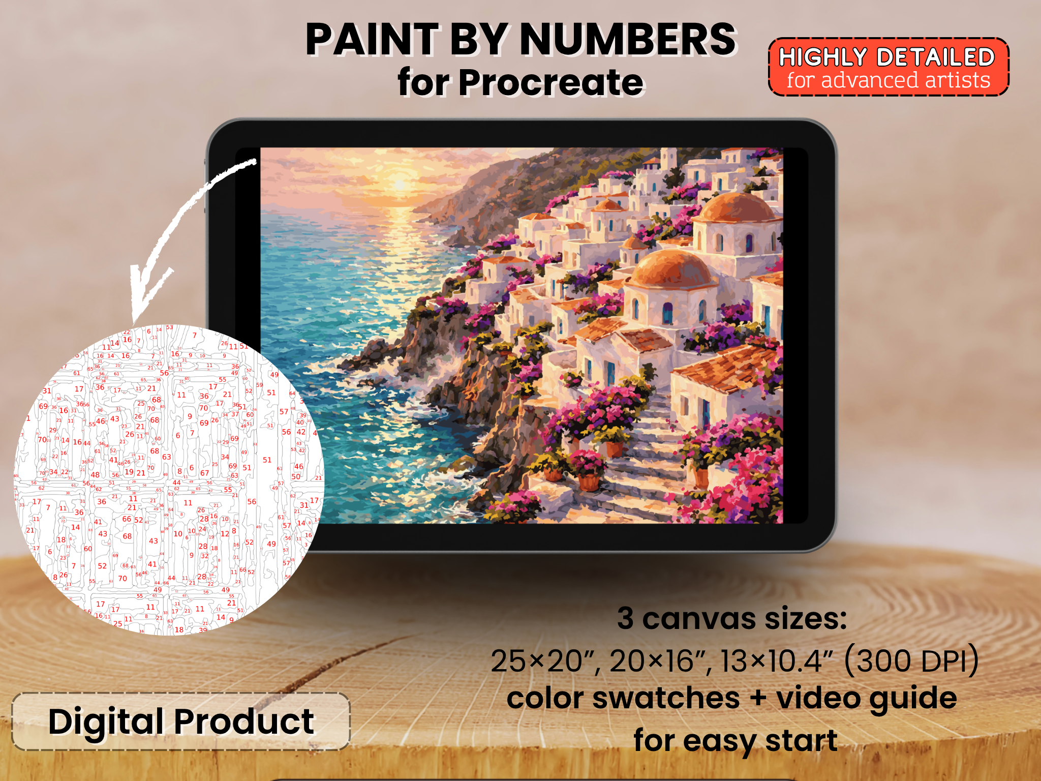 Santorini Cliffside Paint by Number for Procreate – Sunset Mediterranean Seascape | Digital Download