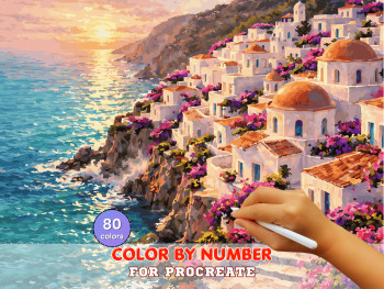 Santorini Cliffside Paint by Number for Procreate – Sunset Mediterranean Seascape | Digital Download