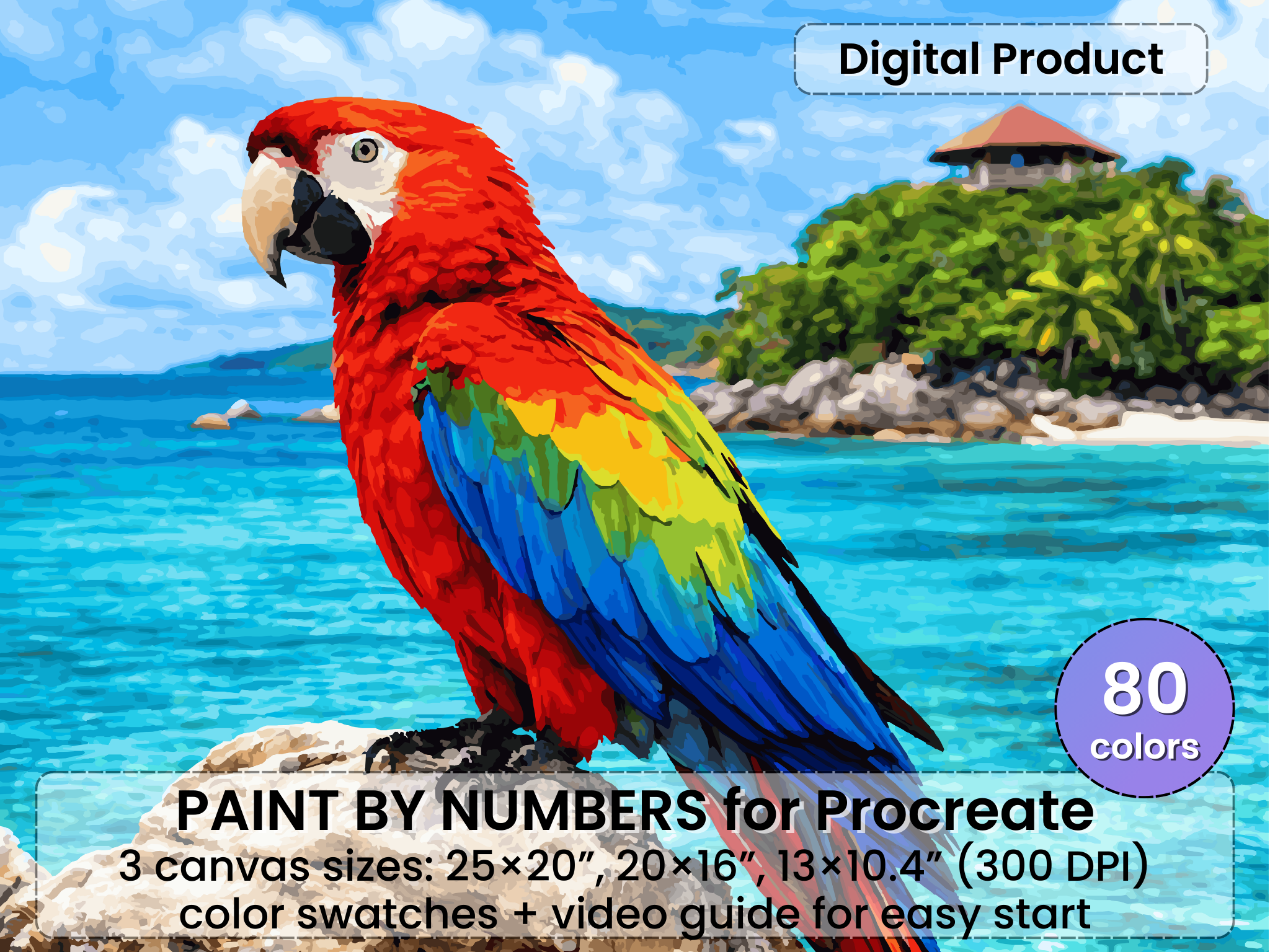 Scarlet Macaw Paint by Number for Procreate – Tropical Parrot Beach Landscape | Digital Download