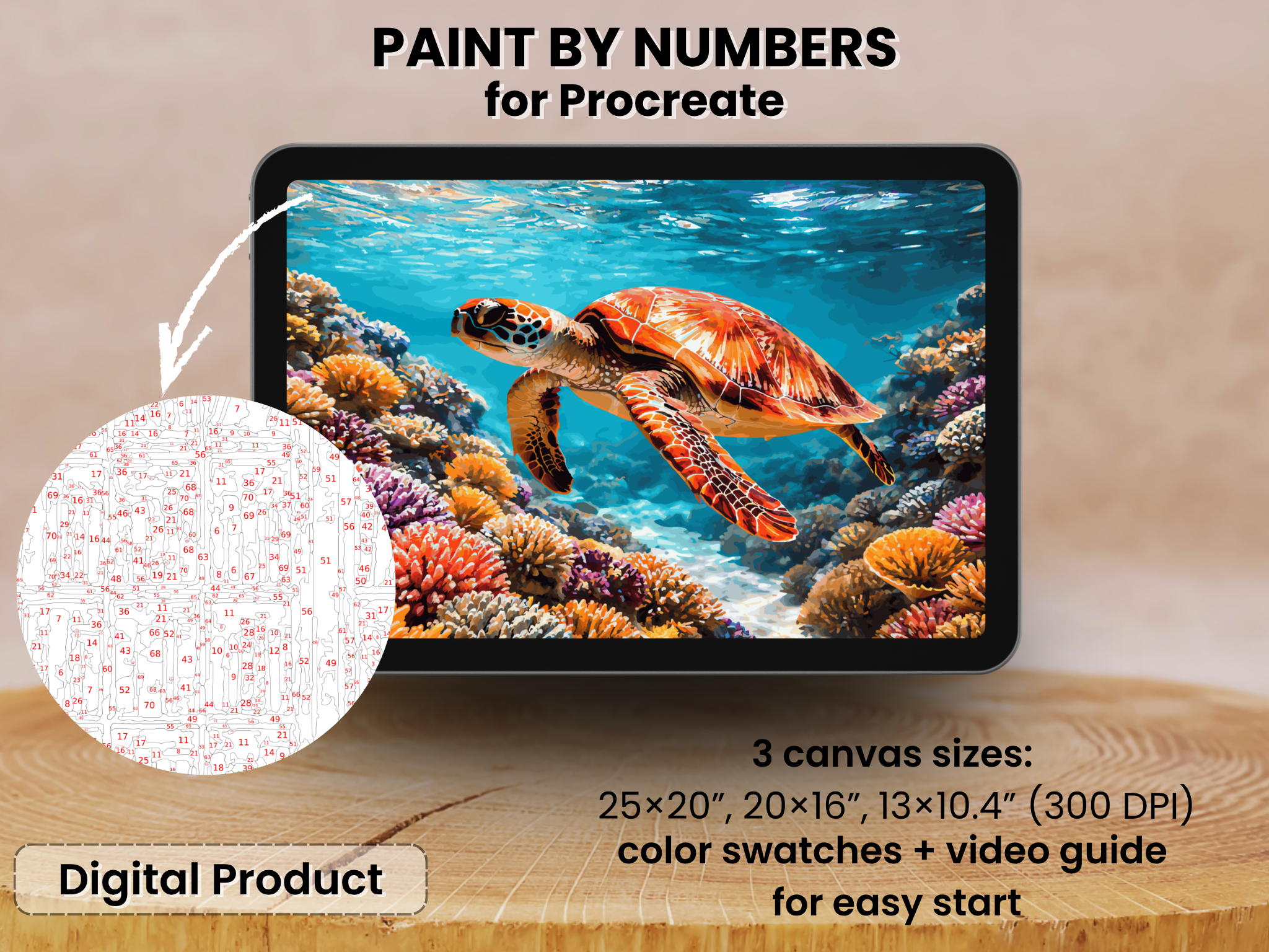 Sea Turtle Color by Number, Procreate Ocean Art (Digital Download)