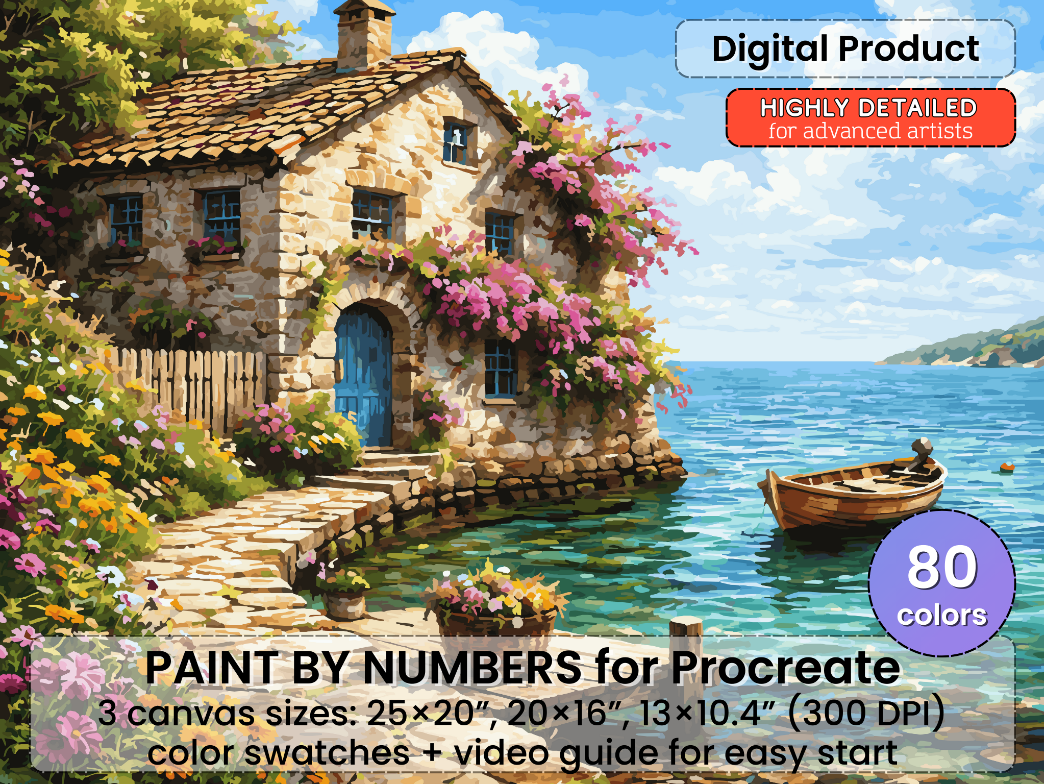 Seaside Stone House Paint by Number for Procreate – Mediterranean Calm | Digital Download