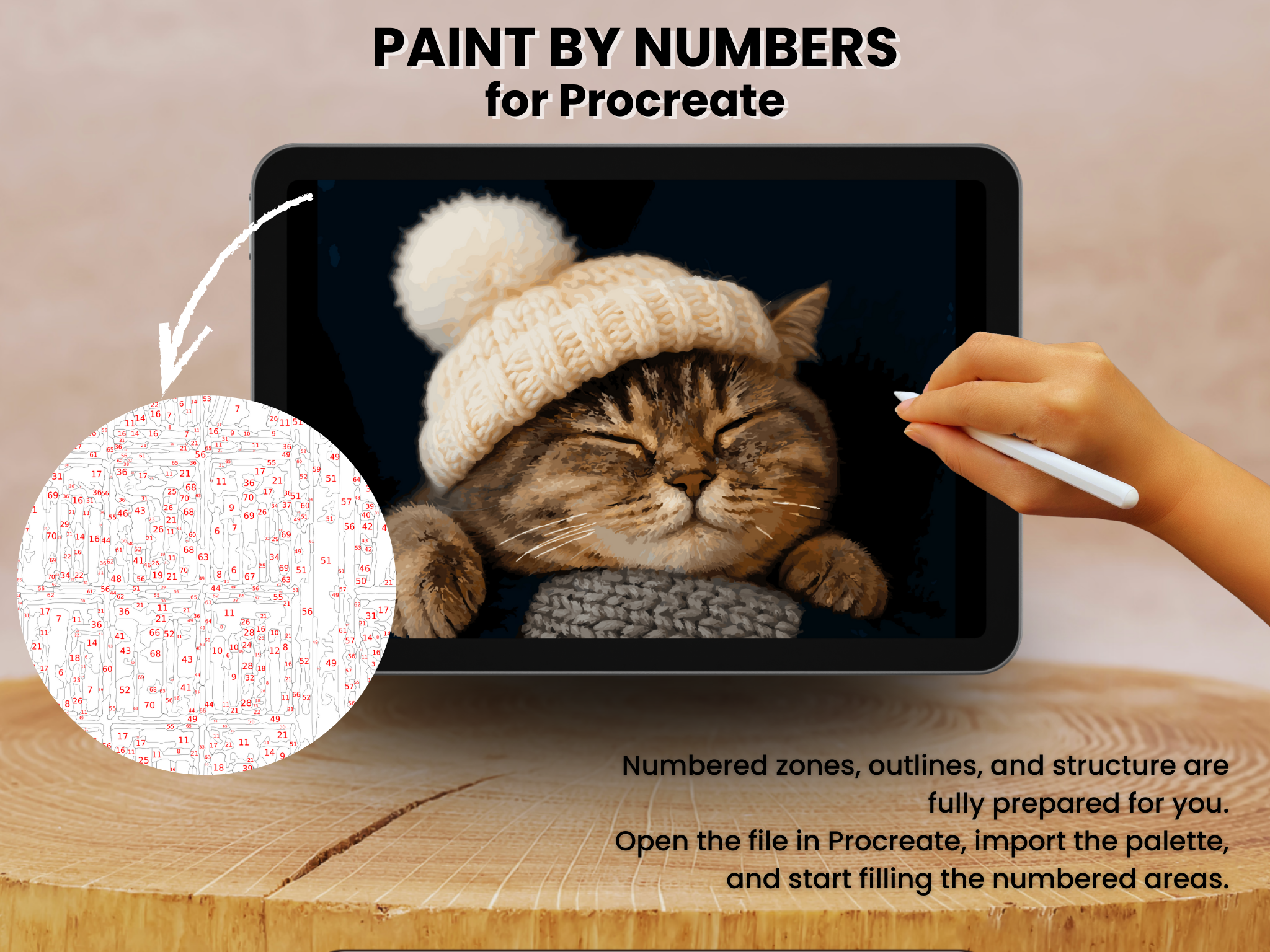Sleeping Cat Color by Number for Procreate, Winter Illustration (Digital Download)