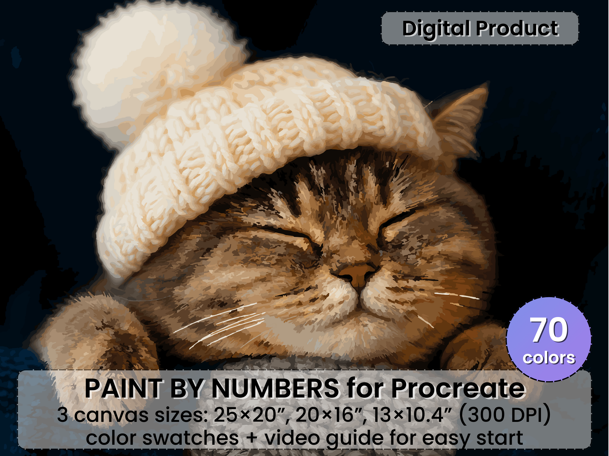 Sleeping Cat Color by Number for Procreate, Winter Illustration (Digital Download)