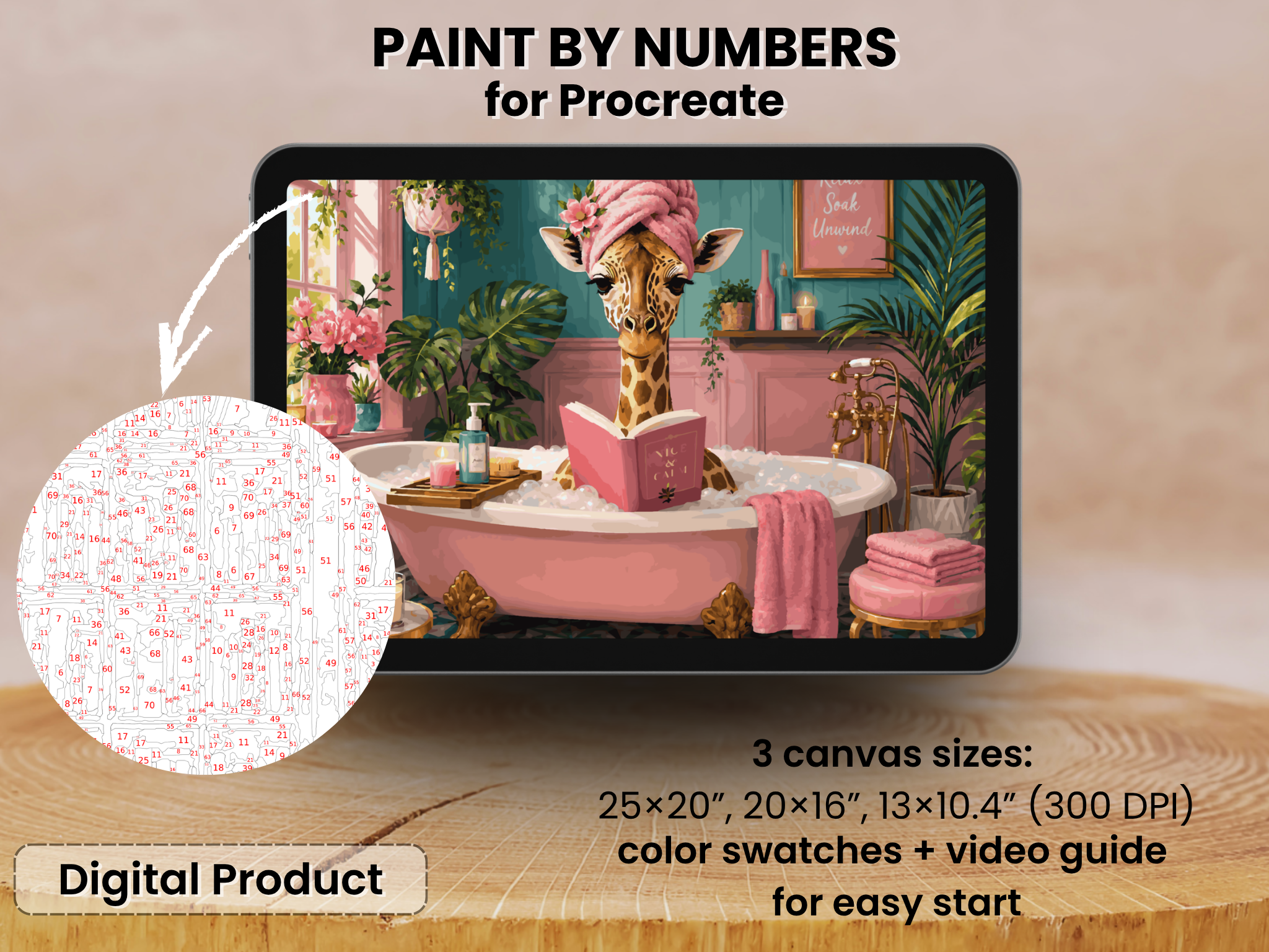 Spa Giraffe Paint by Number for Procreate – Funny Self Care Bathroom Scene | Digital Download