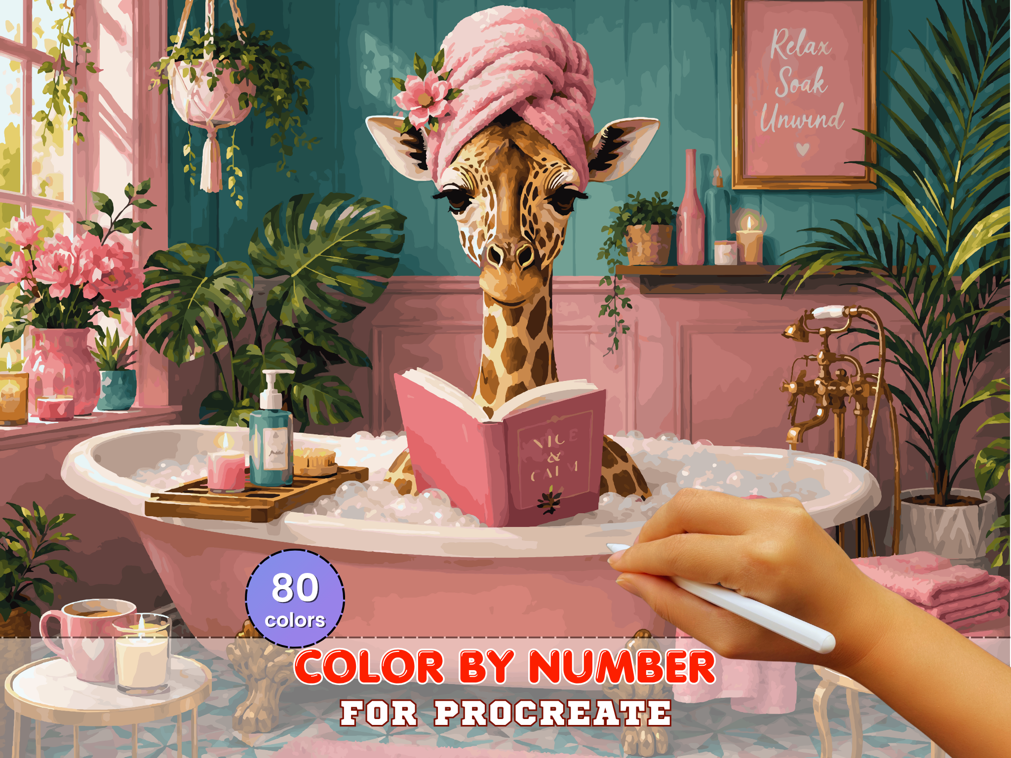 Spa Giraffe Paint by Number for Procreate – Funny Self Care Bathroom Scene | Digital Download
