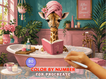 Spa Giraffe Paint by Number for Procreate – Funny Self Care Bathroom Scene | Digital Download