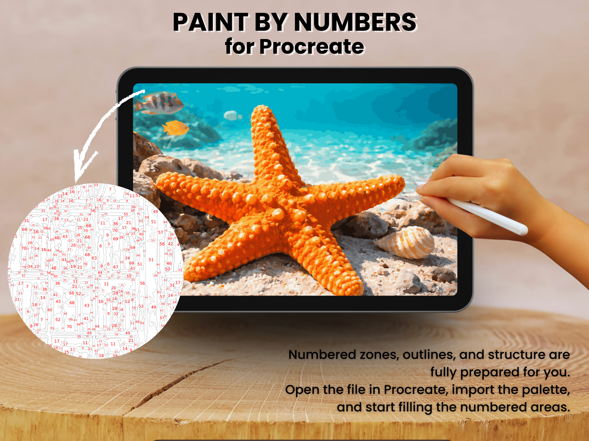 Starfish Beach Paint by Number for Procreate – Tropical Ocean Art | Digital Download