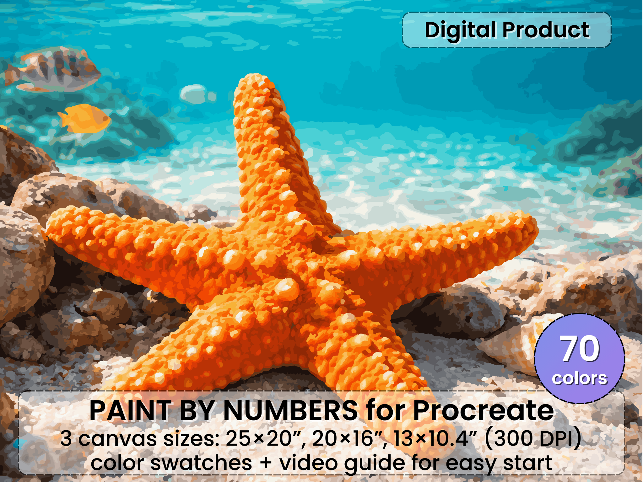 Starfish Beach Paint by Number for Procreate – Tropical Ocean Art | Digital Download