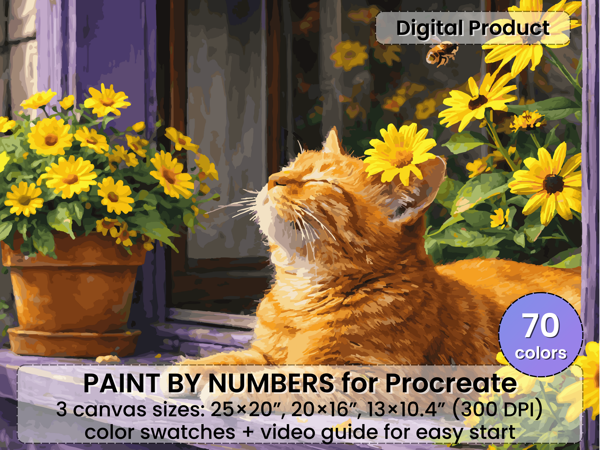 Sunlit Ginger Cat Paint by Number for Procreate – Cozy Garden Mood | Digital Download