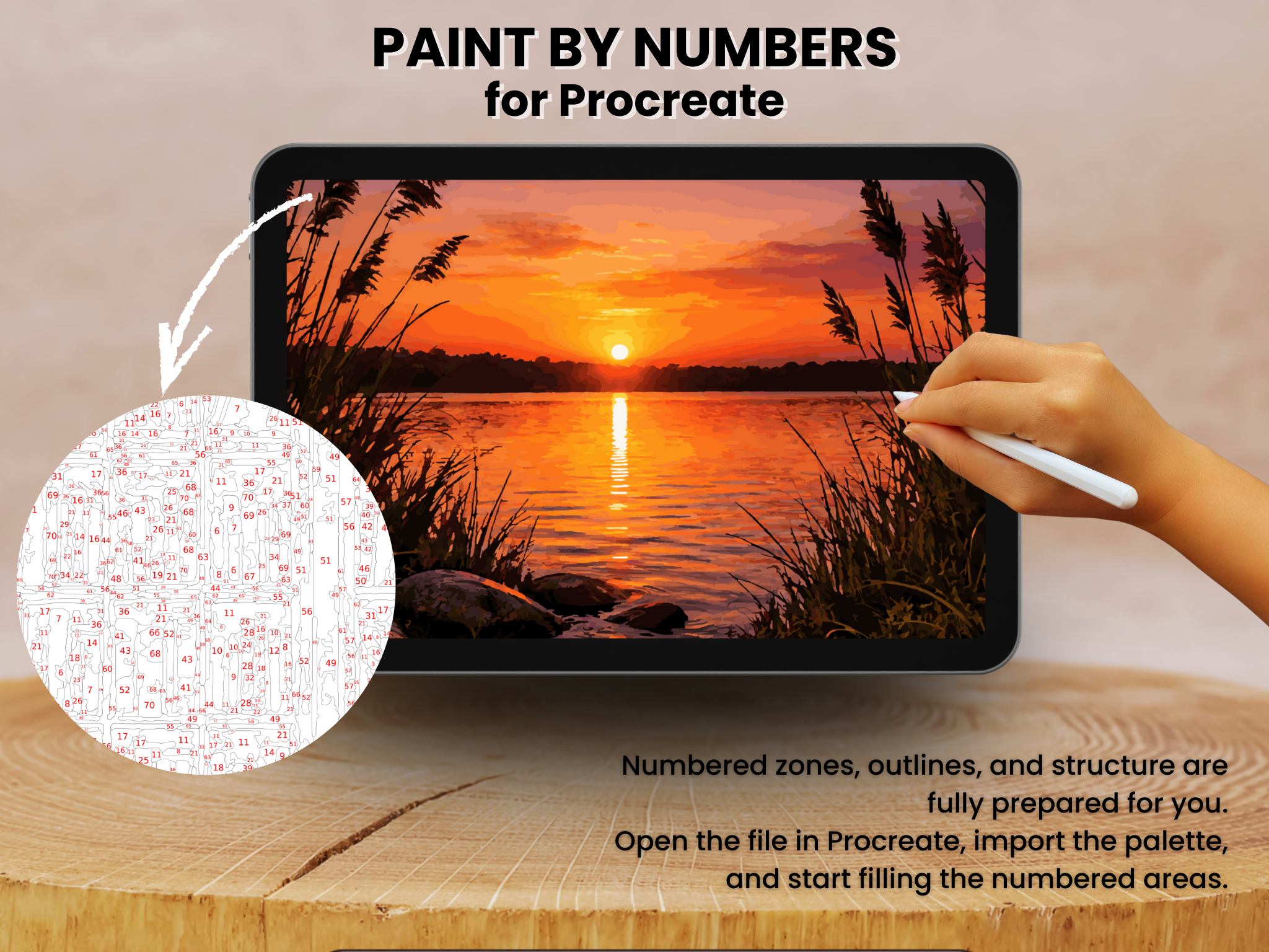 Sunset Lake Paint by Number for Procreate, 90 Colors (Digital Download)