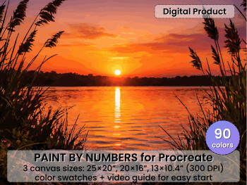 Sunset Lake Paint by Number for Procreate, 90 Colors (Digital Download)