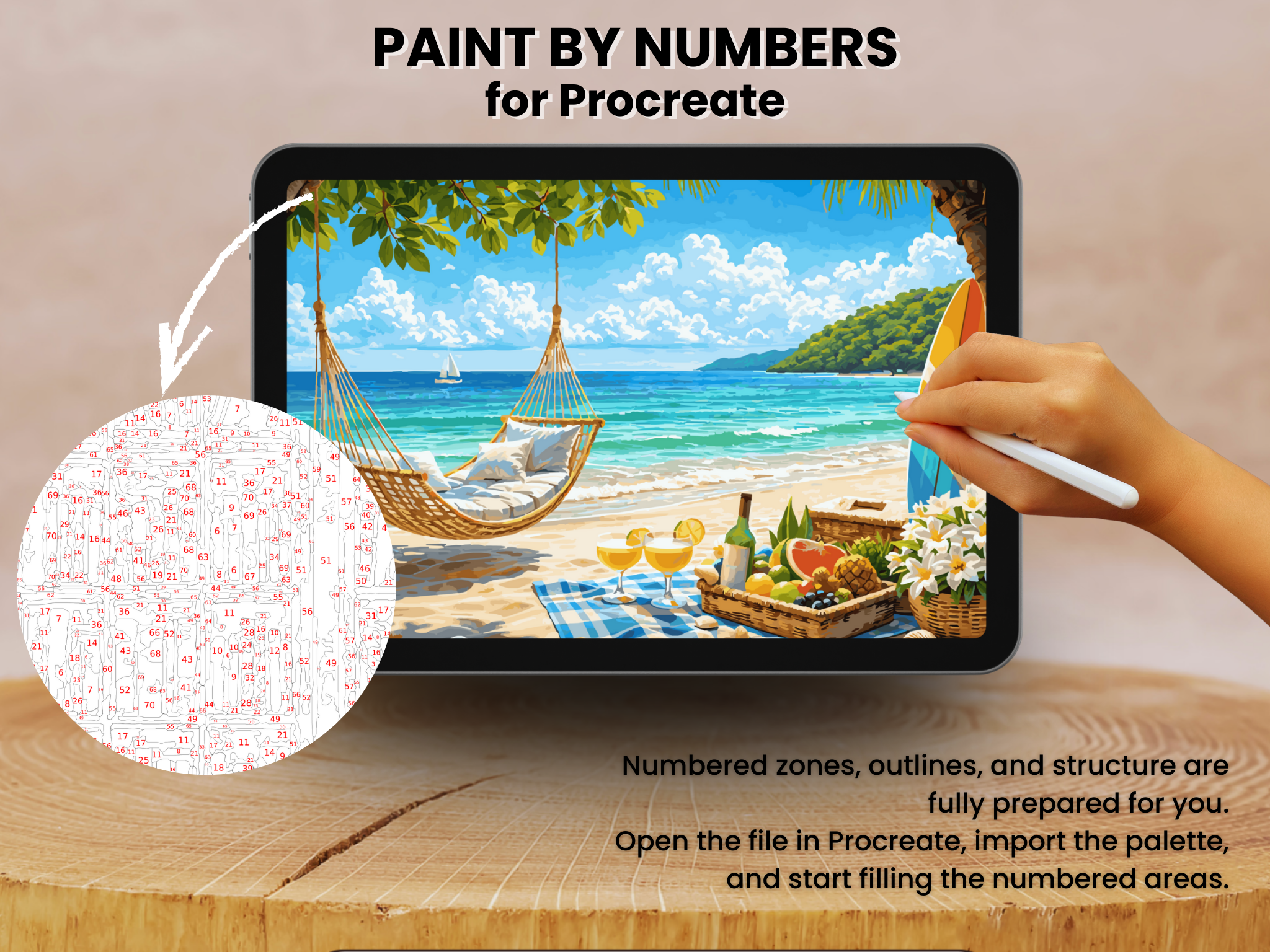 Tropical Beach Paint by Number pro Procreate – Relaxační pobřeží | Digitální stažení