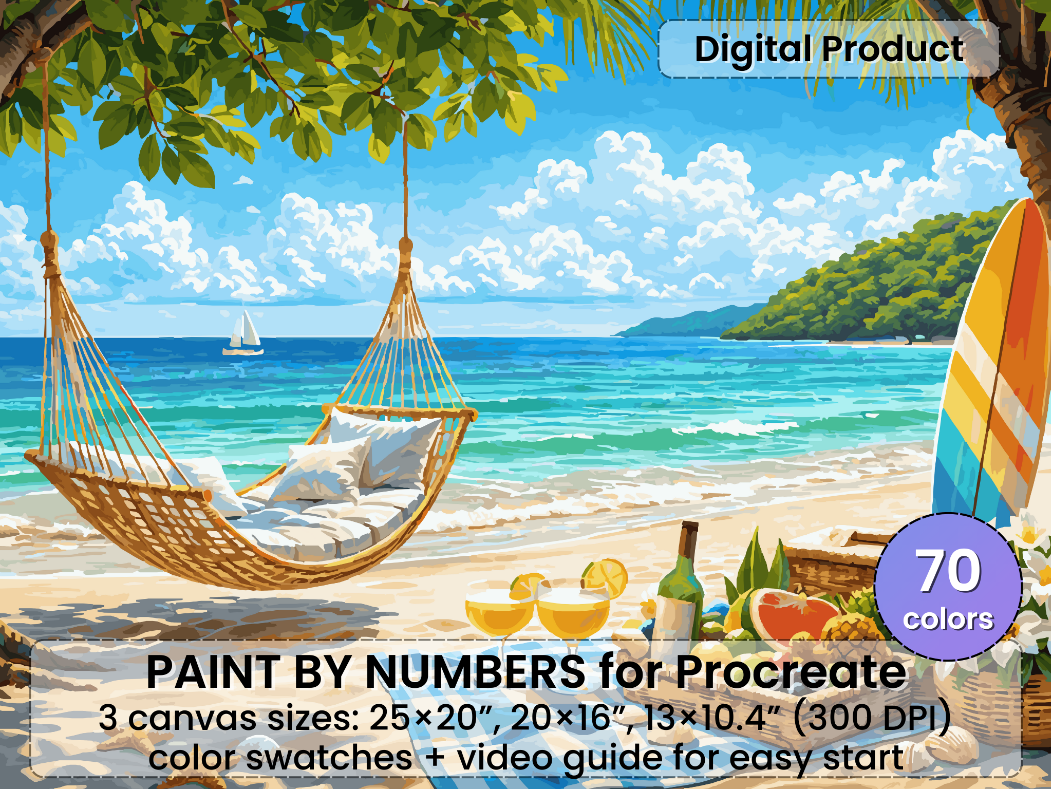 Tropical Beach Paint by Number pro Procreate – Relaxační pobřeží | Digitální stažení