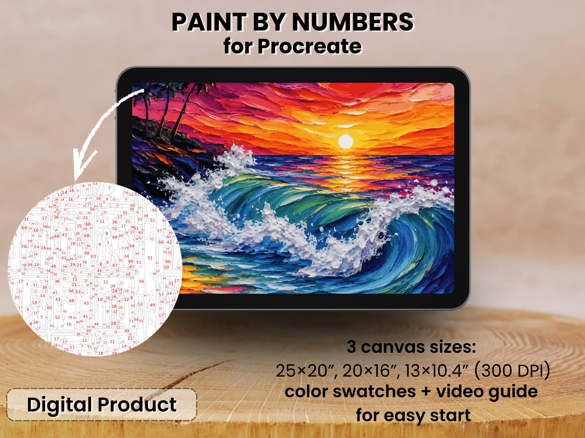 Tropical Sunset Waves Paint by Number for Procreate – Vibrant Ocean Seascape | Digital Download