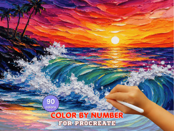 Tropical Sunset Waves Paint by Number for Procreate – Vibrant Ocean Seascape | Digital Download