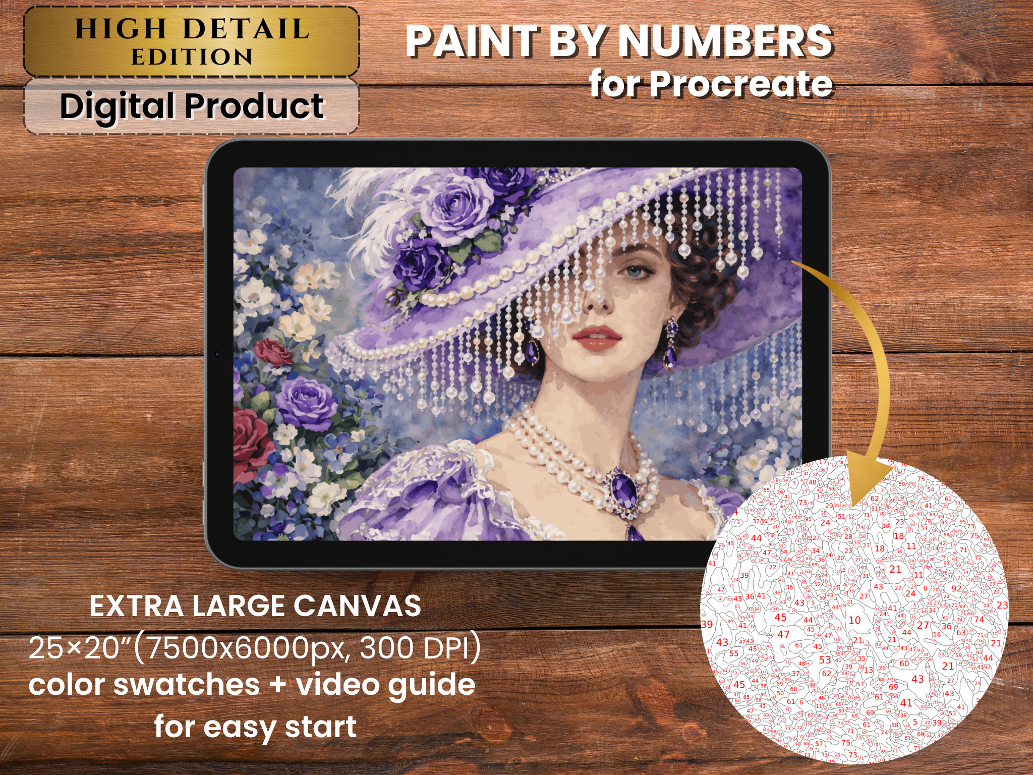 Victorian Lady Paint by Number for Procreate – Elegant Purple Hat Portrait (Digital Download)