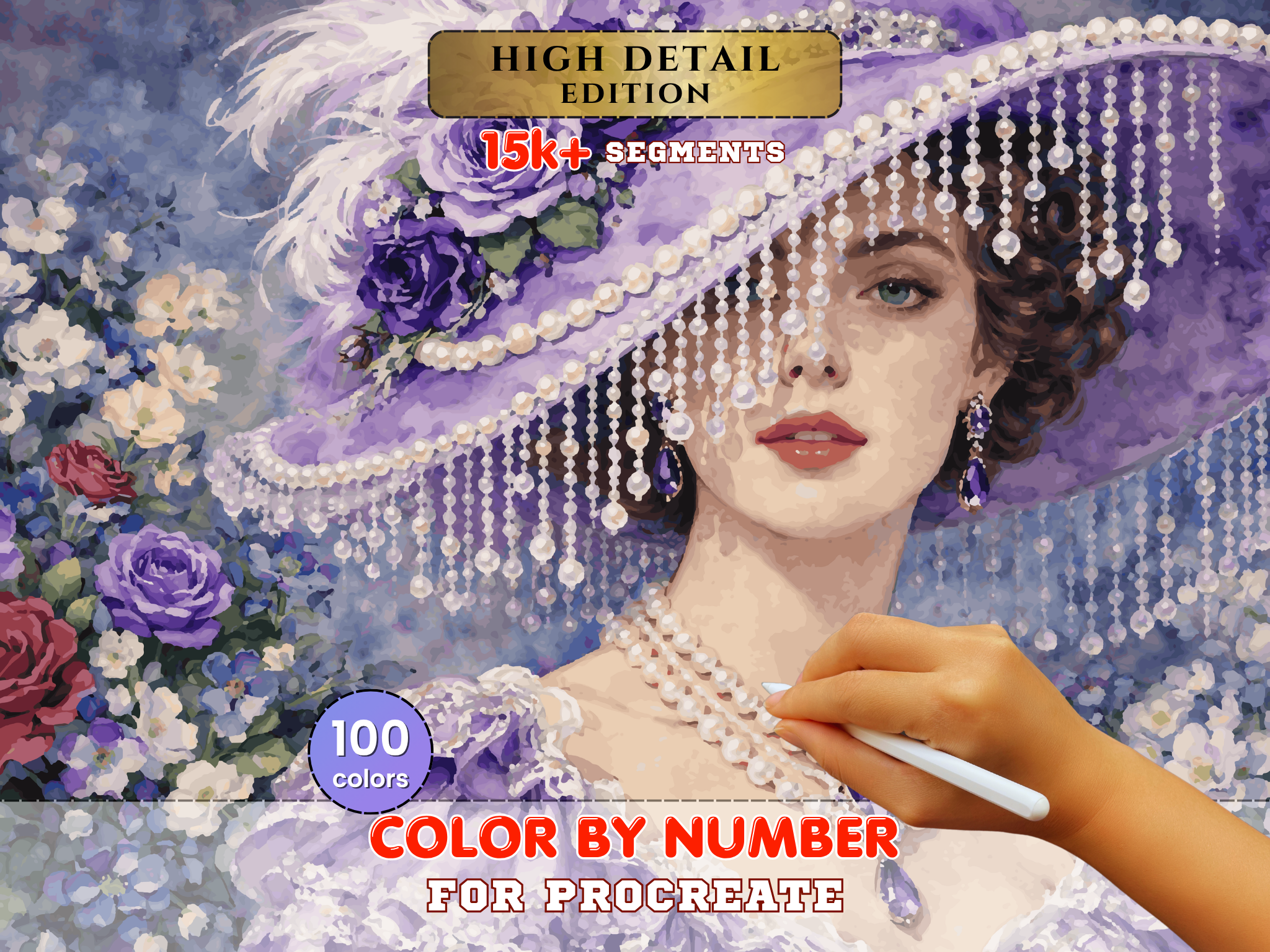 Victorian Lady Paint by Number for Procreate – Elegant Purple Hat Portrait (Digital Download)
