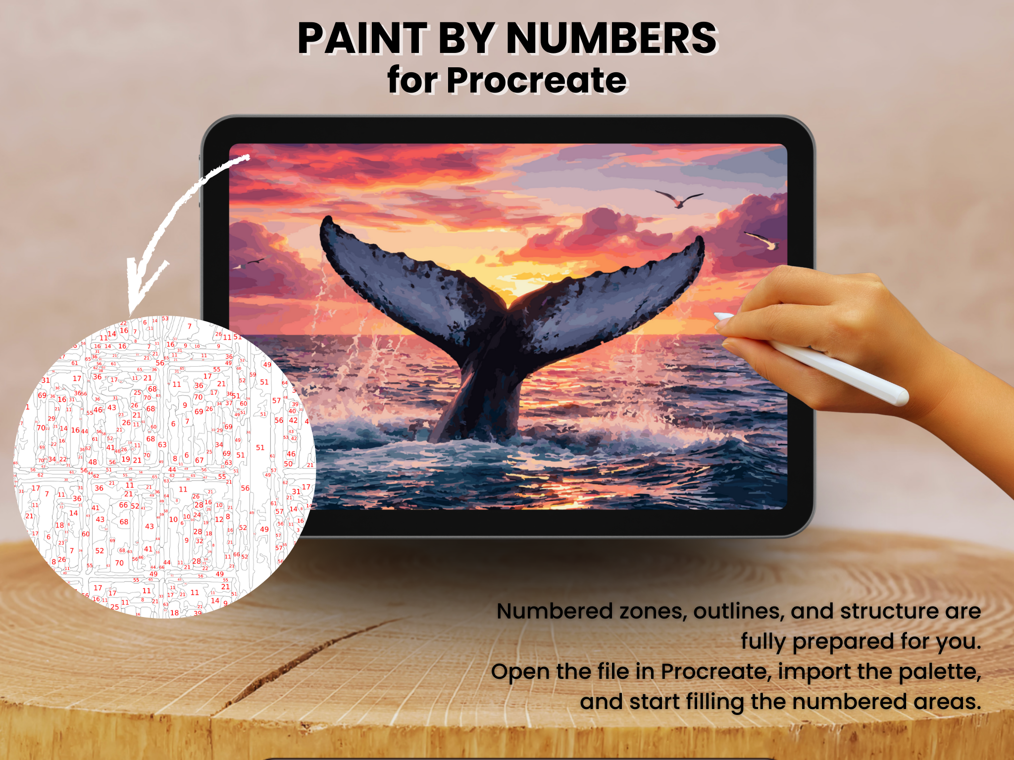 Whale Tail Sunset Paint by Number for Procreate – Ocean Fantasy Mood | Digital Download