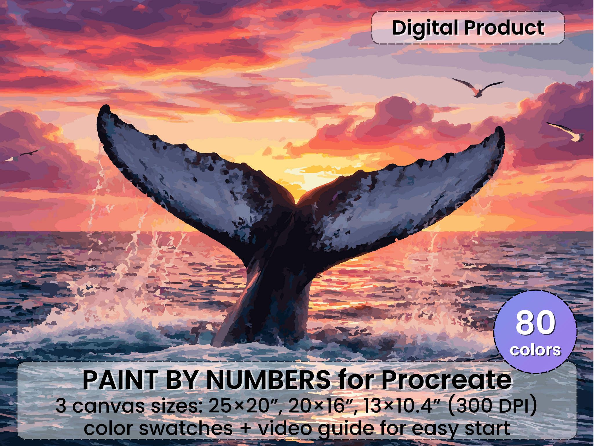 Whale Tail Sunset Paint by Number for Procreate – Ocean Fantasy Mood | Digital Download