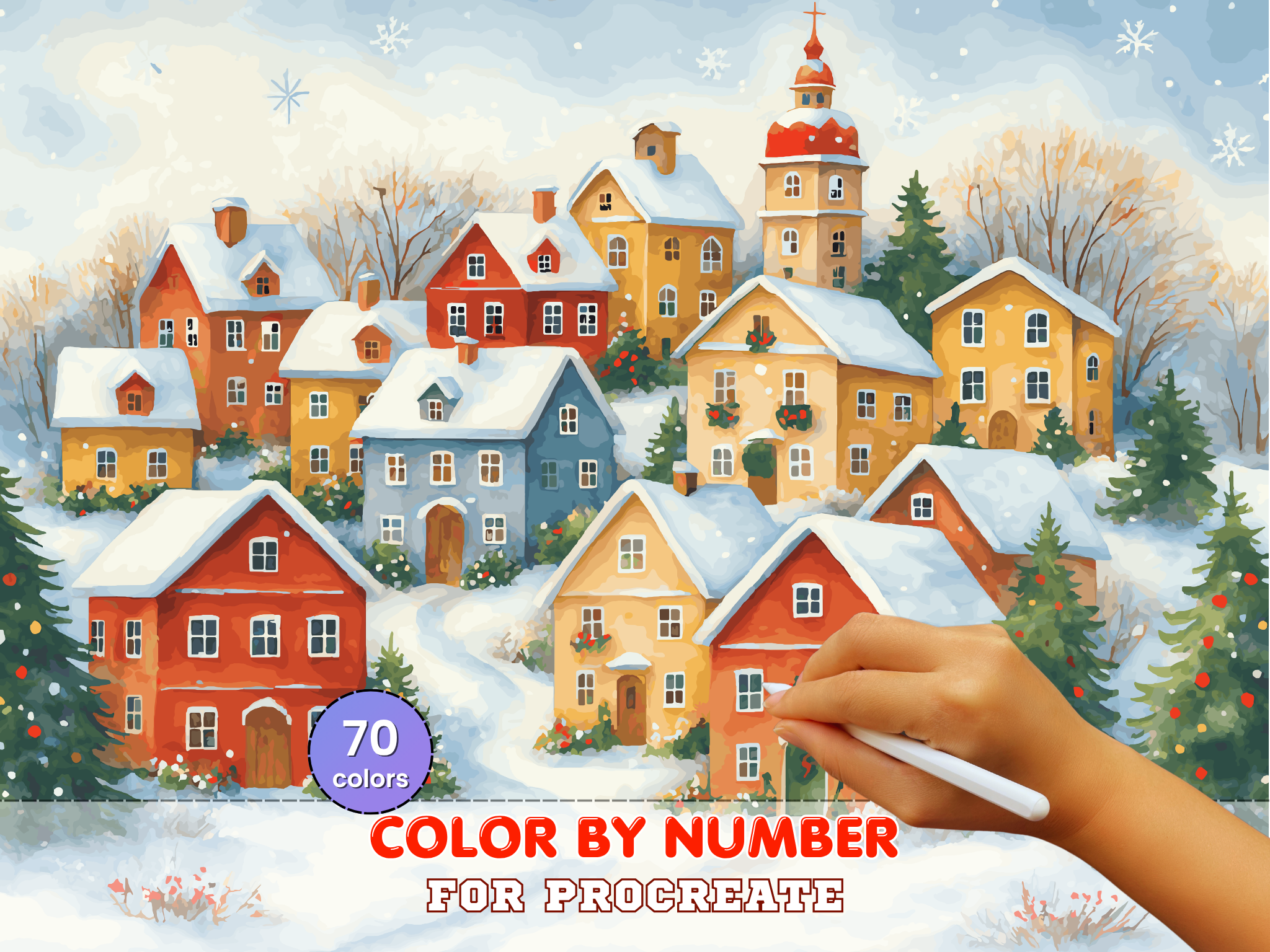 Winter Village Procreate Paint by Number | Christmas Digital Coloring Template