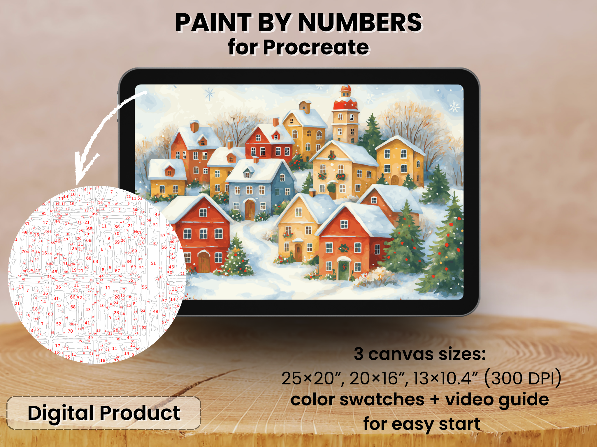 Winter Village Procreate Paint by Number | Christmas Digital Coloring Template