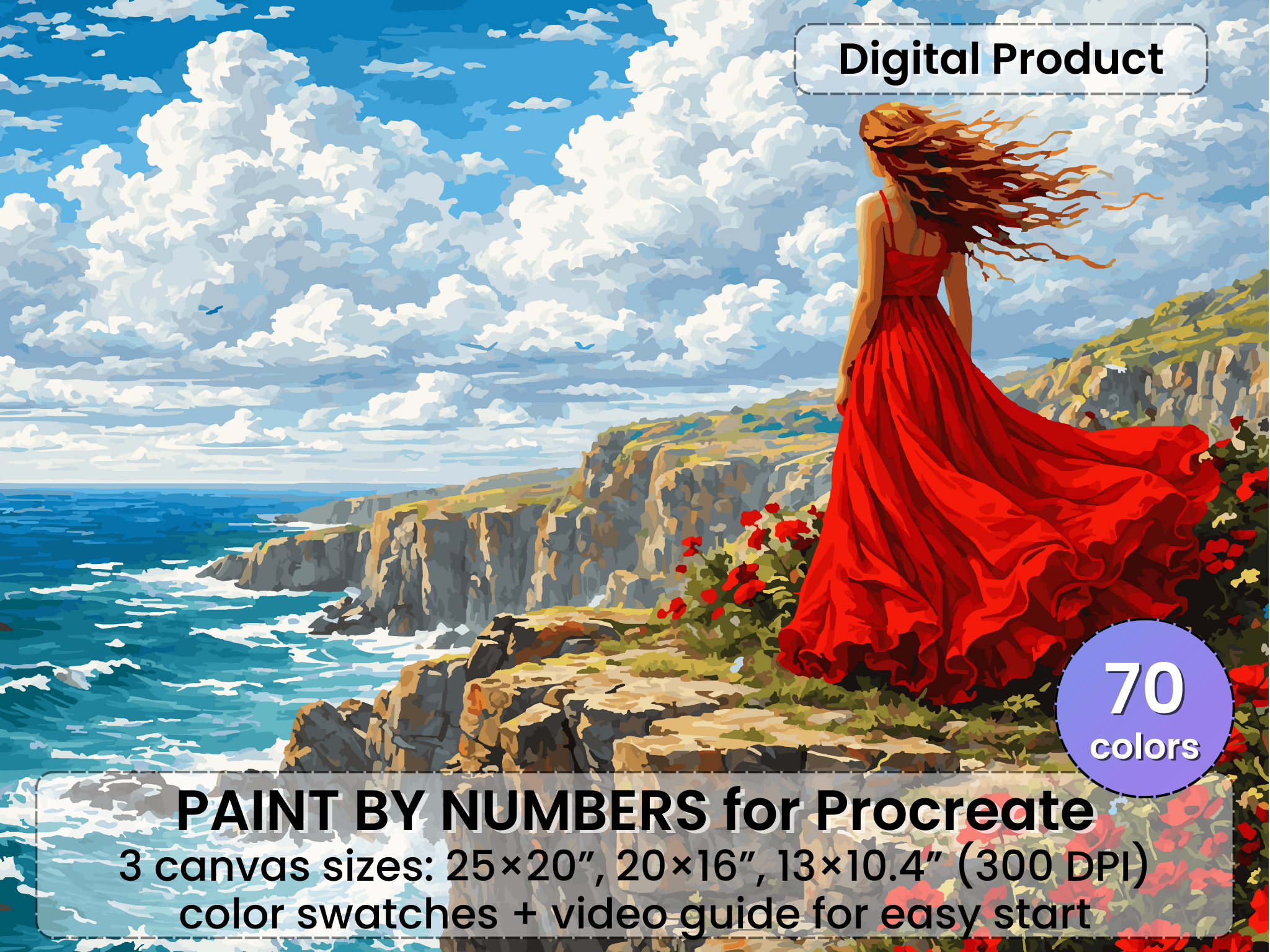 Woman on Cliff Paint by Number for Procreate – Romantic Seascape | Digital Download